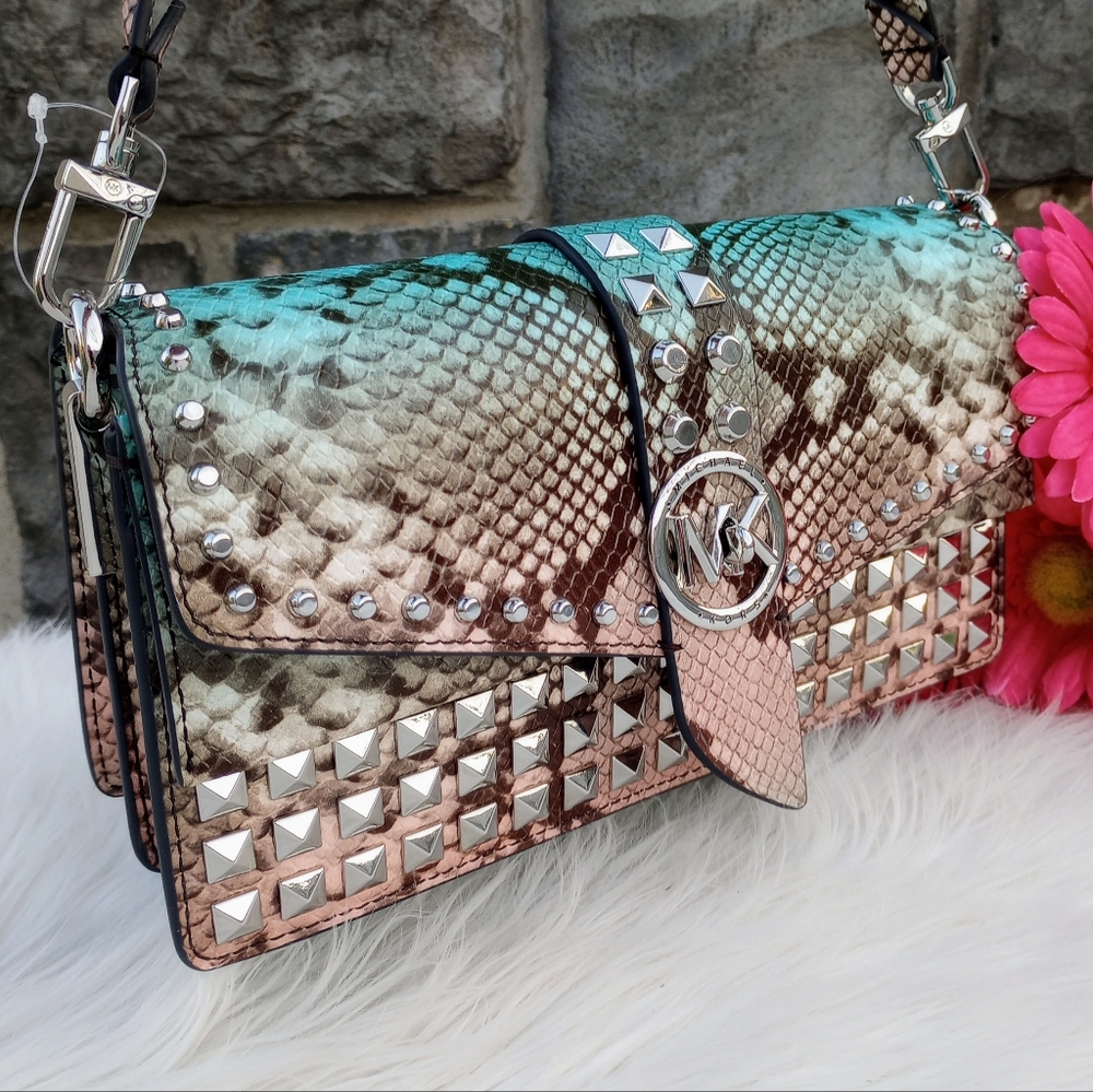 Michael Kors Greenwich Ombre Ocean Blue Studded Snakeskin Leather Shoulder Bag